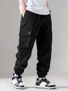 Shendy Vendy Pantalones Jogger Con Puños Y Cintura Elástica Con Cordón Y Bolsillos Inclinados Sueltos Para Hombre - Negro - Ver 3