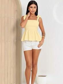 Women's Summer Blouse With Shoulder Tie Detail - Yellow - View 1