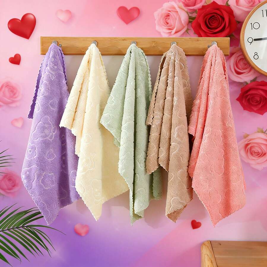 Cute Bear & Flower Embossed Bath Towel - Soft Absorbent Coral Fleece Face Towel, Adult Hand Towel, Double-Layer Gauze Small Towel, Ultra-Soft Washcloth, Suitable For Bathroom & Cleaning, Premium Gift Towel, SPA Towel, Face Towel, Towel, Luxury Bath Towel, Wedding Season Gift, Mother's Day Gift, Father's Day Gift, Gift For Family And Friends - Multicolor - View 1