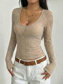 女士休闲优雅圆领长袖上衣 - 卡其色 - 查看 1