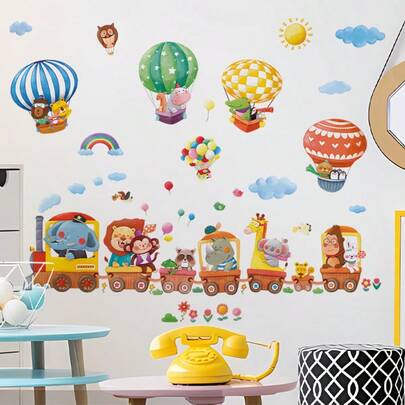 创意彩色卡通动物火车墙贴 - 太阳、云朵、花朵、猫头鹰、气球、可乐果、大象、狮子和猴子图案 - 自粘PVC贴纸，适用于卧室、派对、婴儿房装饰，一次性使用，可移除贴纸
