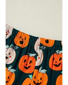Orange Halloween Pattern Short Sleeve Shirt Pajama Set Women Sleepwear - Orange - View 6