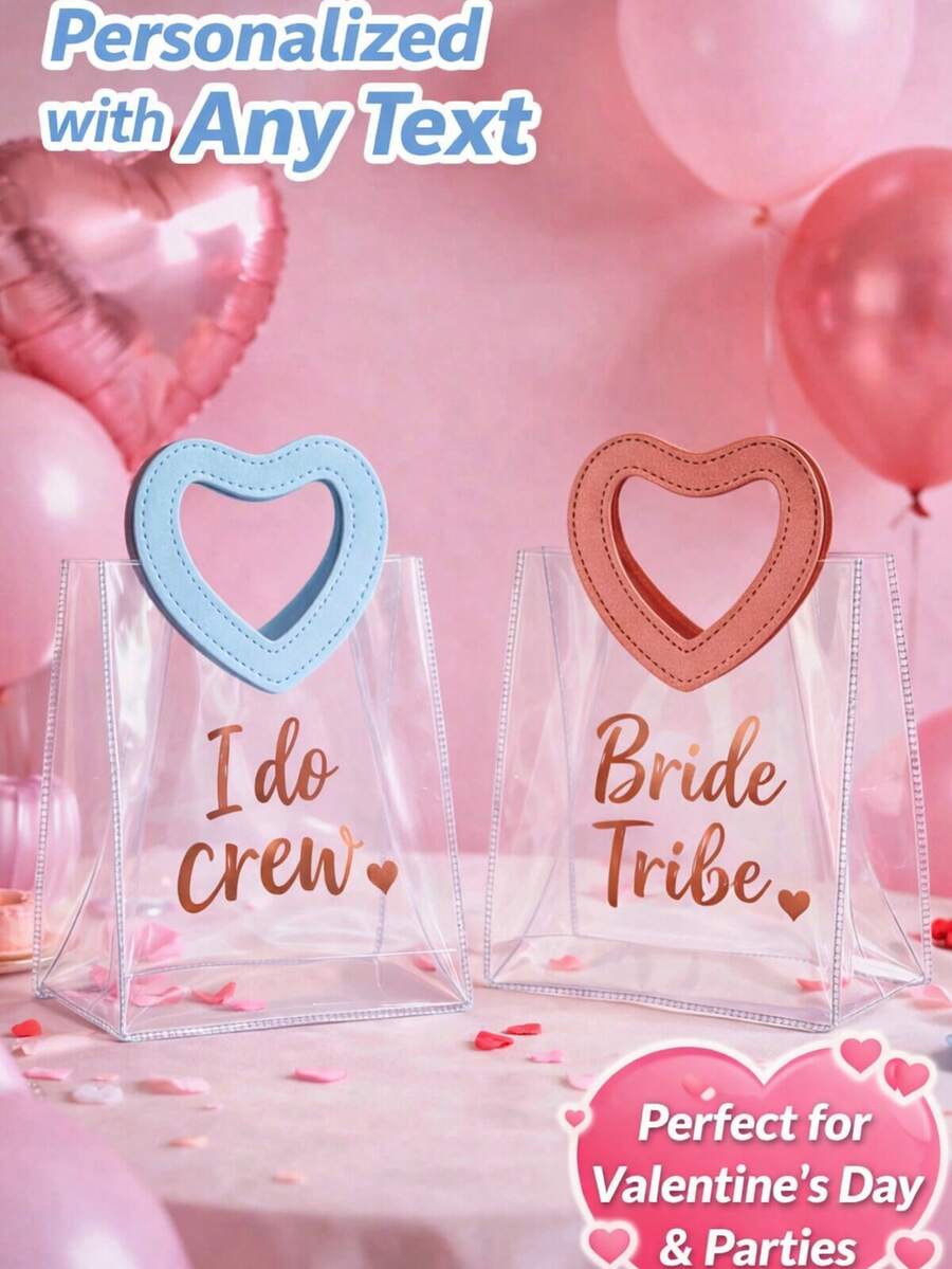 Personalized Clear Heart Handle Tote Bag – Custom Name Valentine's Day Gift, Reusable Kids Party Favor Bag, Bridesmaid Proposal, Bridal Shower & Baby Shower Gift.