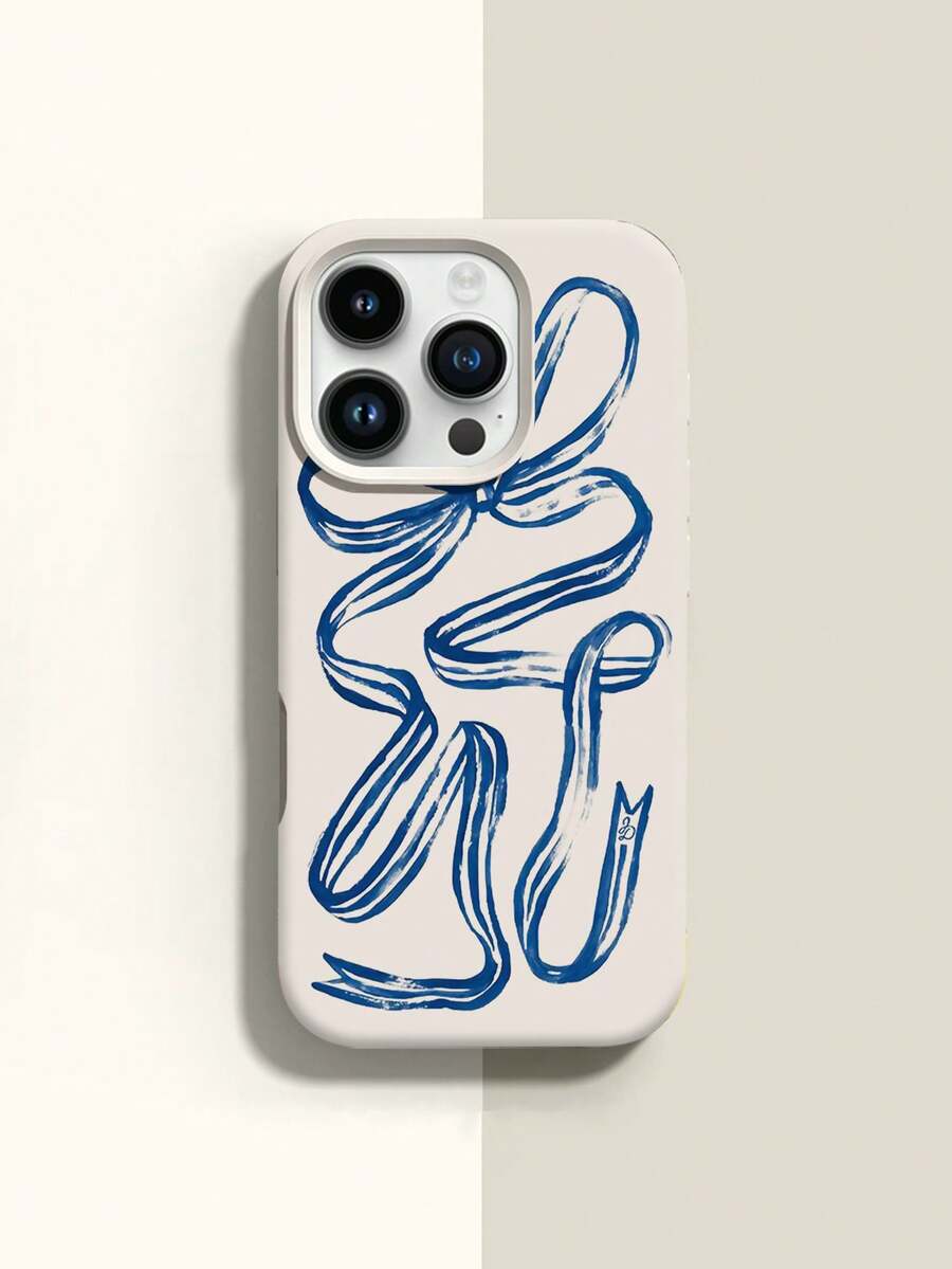 1pc Fashionable INS Style Minimalist Blue Striped Bow Design Liquid Silicone Shockproof Soft Phone Case, Suitable Compatible With Apple 11/12/13/14/14Plus/15/15Plus/16/16Plus/7/8Plus/17/17Pro And Other Models - Multicolor - View 1