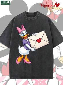 Disney Donald Duck And Daisy Duck Love Letter Couple Vintage Washed T-Shirts 180g Washed Cotton Mickey And Minnie Flower Bouquet Loose Short-Sleeved Couple's Outfit - 黑色 2 - 查看 2