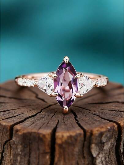 1pc Vintage Style Purple Promise Ring For Women,Unique Dainty Marquise Cut Engagement Ring,Anniversaries And Valentine'S Day Gifts(No Box)