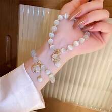 Cute White Cat Eye Beaded Bracelet With Cat & Pearl Charms, Sweet Beaded Wristband Bracelet For Women, Elegant Jewelry Women Accessory Ideal For Daily Styling & Gift Giving, Versatile Bracelets For Women - 白色 - 查看 5
