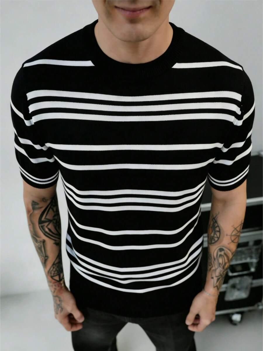 GRDR Men's Striped Casual Fashionable Versatile Knit Short Sleeve T-Shirt - Black - View 1