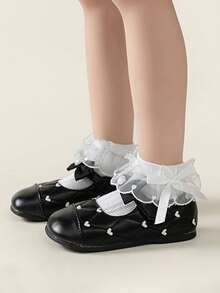 1 Pair White/Pink Lace Trim Socks, Girls Bowknot & Heart Embroidery Mesh Socks, Thin Children Dance Stockings, Princess Socks - Multicolor - View 3