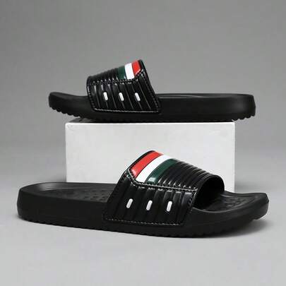 1双男士拖鞋，2026夏季新款红绿白条纹人字拖。男士按摩珠防滑夏季凉鞋，适合居家、浴室、淋浴、户外、海滩穿着，多功能情侣拖鞋。