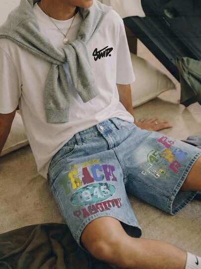 Open Phase 男士字母印花蓝色休闲牛仔短裤，宽松直筒七分裤，美式街头风，舒适百搭，春夏送给老公或男友的绝佳礼物