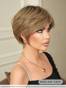 7JHH WIGS 8 Inch Mom Elf Cut Short Bob Brown Wigs With Curtain Bangs - Dark Roots Natural Looking Heat Resistant Synthetic Hair For Daily Wear & Costumes Cosplay & Everyday Style (Tangle-Free, Lightweight) - 鏽棕色 - 查看 4