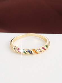 1 pieza Anillo de mujer con diseño espiral y circonita cúbica incrustada - Multicolor - Ver 8