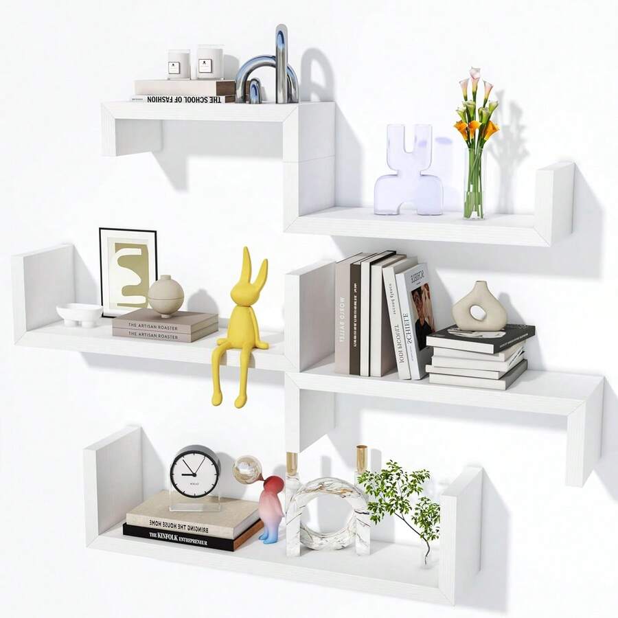 3/5-Piece White Floating Wall Shelf Set, Suitable For Bedrooms, With Multi-Tiered Freely Assembled Floating Shelves, Is An Ideal Choice For Home Decoration And Accessory Storage, And Is Highly Suitable For Use In Bedrooms, Living Rooms, Kitchens, Offices, And Bathrooms - 白色 - 查看 1