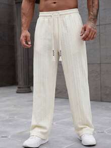 1pc Men's Apricot Loose Casual Pants, Vertical Striped Texture, Drawstring Elastic Waist, Breathable And Smooth, Not Easy To Sweat, All-Match Versatile Casual Style Trousers, Suitable For Summer Commuting And Leisure Wear - Apricot - View 1