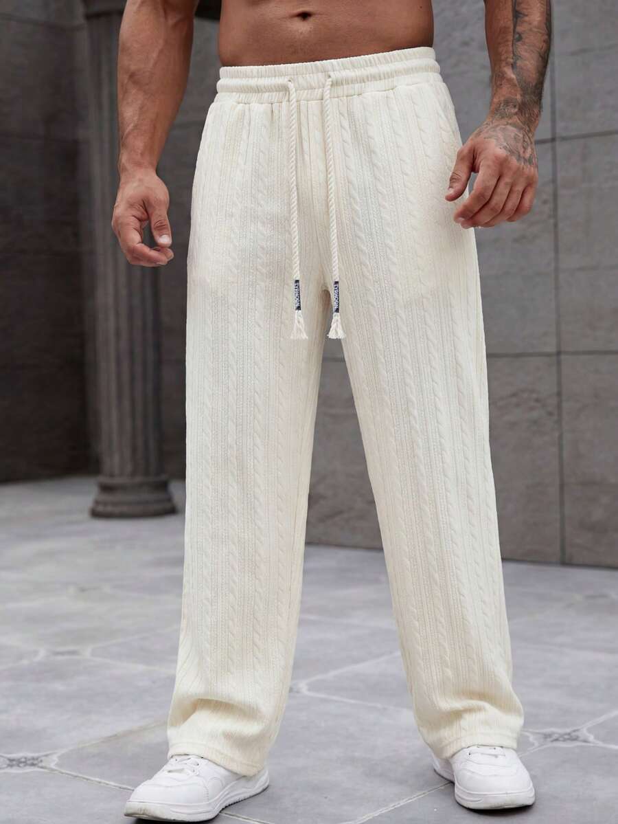 1pc Men's Apricot Loose Casual Pants, Vertical Striped Texture, Drawstring Elastic Waist, Breathable And Smooth, Not Easy To Sweat, All-Match Versatile Casual Style Trousers, Suitable For Summer Commuting And Leisure Wear - Apricot - View 1