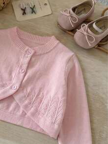 女童甜美镂空短款针织开衫，轻薄春夏空调披肩 - 粉色 - 查看 6