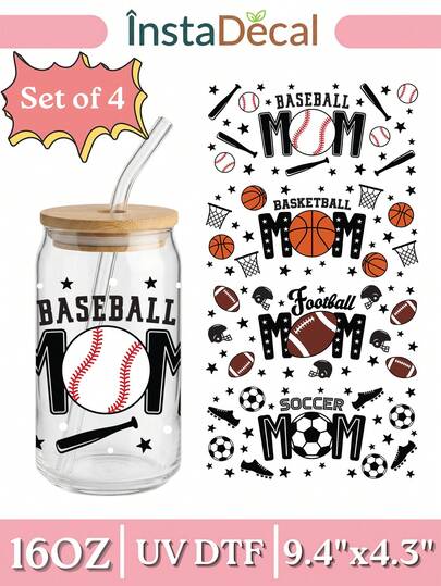 4pcs/Set Mom UV DTF Cup Sleeves Fit For 16oz Libbey Glass Jars, Size 9.4"X4.3", Heat Transfer Stickers For Glass, 3D Crystal Mom Life Labels, No Heat Waterproof DIY Decals, Suitable For Mother's Day Gift