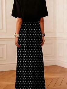 女士休闲波点A字长裙，采用无弹梭织面料，适合日常穿着，黑色，春季款 - 黑色 - 查看 2