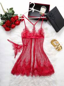 Women's Sexy Lingerie Nightgown Set, Alluring Strapless Lace Print Sheer Backless Nightgown Ladies Sexy Robe Set - Red - View 2