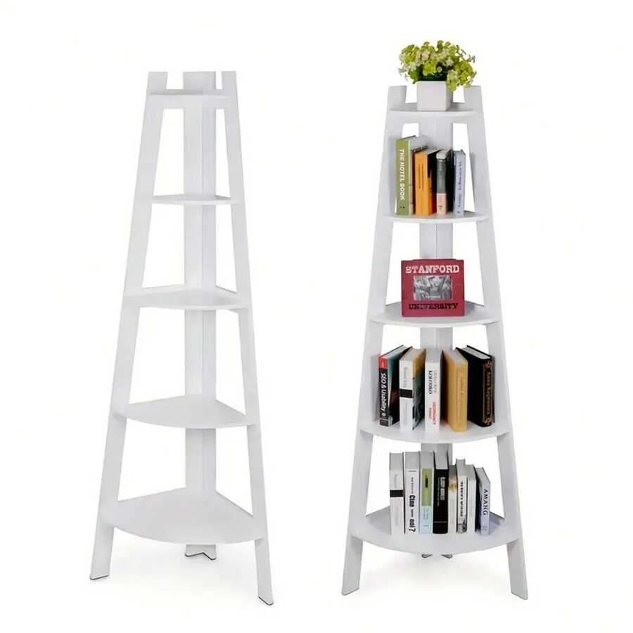 5-Tier Corner Bookshelf - Heavy-Duty Space-Saving Shelf, Modern White Bookcase For Home Office, Living Room, Kitchen, Balcony - Easy Assembly Floor-Standing Storage Organizer - trắng - Xem 1