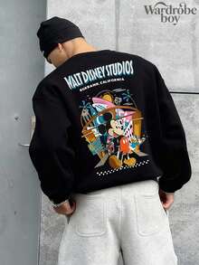 Disney Printed Pullover Sweatshirt, Men's Mickey And Friends Walt Disney  Print Sweatshirt, Unisex, High-Quality, Suitable For Spring And Autumn, Comfortable And Breathable | Exquisite Design | Best Choice For Gifting - 黑色 - 查看 3
