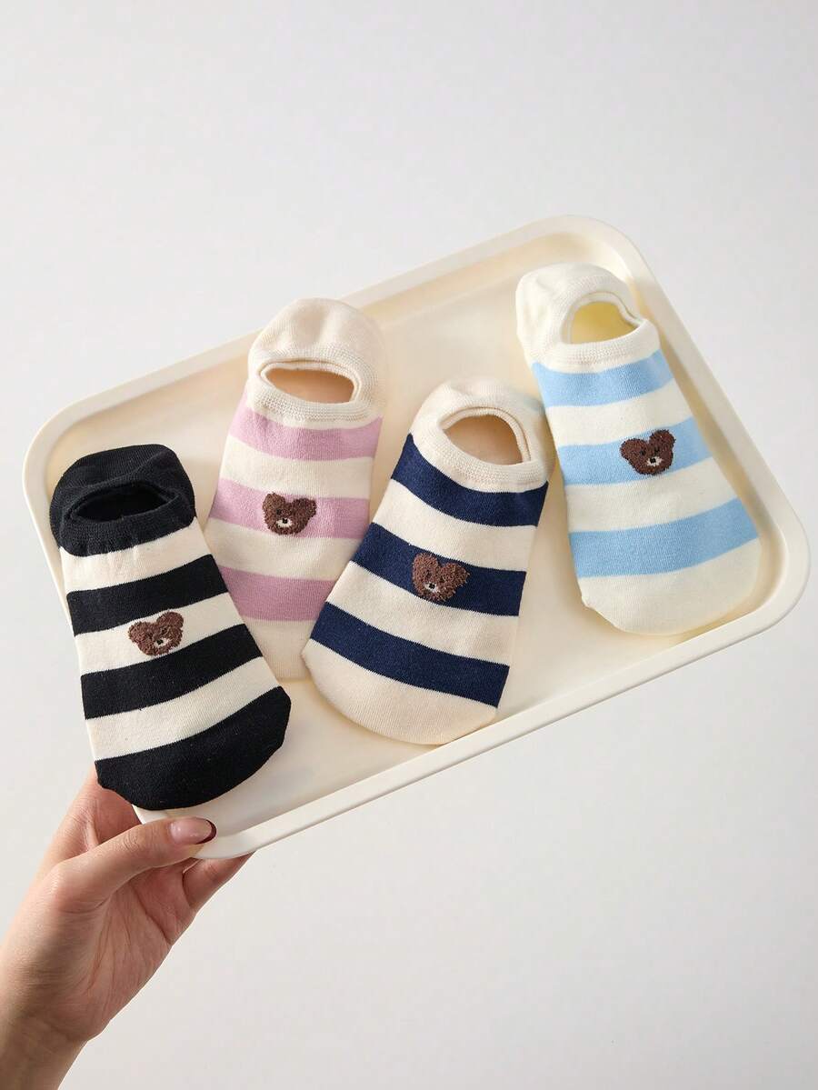 4 Pairs Women's Anti-Slip Cute Cartoon Bear Striped Minimalist Ankle Socks, Invisible Liner Socks, Suitable For All Seasons - Multicolor - View 1