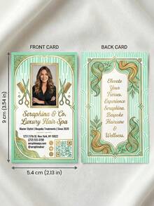 Thẻ quà tặng làm tóc cao cấp thiết kế riêng, thẻ hai mặt in ảnh và mã QR cá nhân hóa với thiết kế Art Deco màu xanh vàng, thẻ chuyên nghiệp dành cho nhà tạo mẫu tóc và salon, thiết kế Art Deco, thẻ làm đẹp chuyên nghiệp. - Nhiều màu - Xem 6