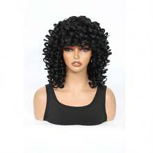 Peluca sintética rizada de 14 pulgadas con flequillo - Cabello rizado africano vibrante hecho de fibras de alta densidad, gorro cómodo, fácil de usar, adecuado para principiantes, uso diario y ocasiones especiales, disponible en múltiples colores, adecuado para disfraces de Halloween - Negro - Ver 3