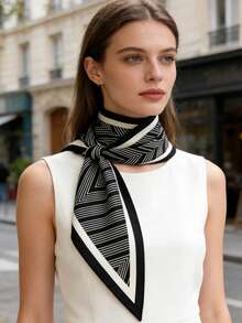 1条时尚简约条纹百搭三角围巾，适合日常、办公和度假穿着 - 黑色 - 查看 4