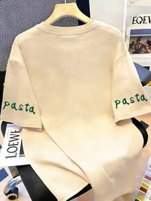 Women's Summer Casual Pasta Pattern Round Neck Short Sleeve T-Shirt - Beige - View 2