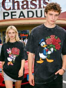 Disney Donald Duck And Daisy Duck With Roses Couple Vintage Washed T-Shirts180g Washed Cotton Mickey And Minnie Flower Bouquet Loose Short-Sleeved Couple's Outfit - 黑色 2 - 查看 2