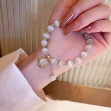 Cute White Cat Eye Beaded Bracelet With Cat & Pearl Charms, Sweet Beaded Wristband Bracelet For Women, Elegant Jewelry Women Accessory Ideal For Daily Styling & Gift Giving, Versatile Bracelets For Women - 白色 - 查看 6