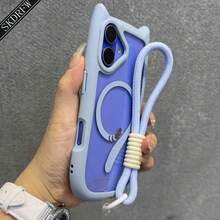 Ins Style Simple Japanese And Korean Cute 3D Cartoon Cat Ears Transparent Acrylic With Cat Tail Magnetic Ring Phone Case With Lanyard Compatible With IPhone 17 17air 17pro 17promax 16 16plus 16pro 16promax 16e 15 15pro 15promax 14 14pro 14promax 13 13pro 13promax 12 12pro 12promax 11, Supports Wireless Charging - 藍色 - 查看 4