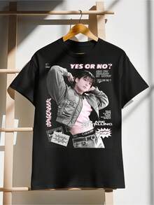 Camiseta de manga corta informal de algodón de verano con diseño gráfico vintage de collage de BTS Jung Kook YES OR NO - Negro - Ver 6