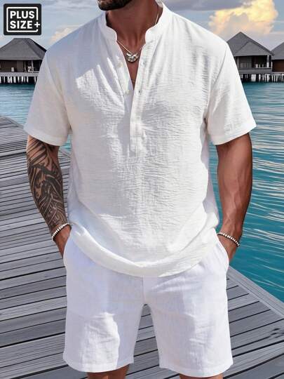 1 chiếc áo polo nam cỡ lớn, kiểu dáng thường ngày, chất liệu vải giả lanh, cổ Henley, thích hợp cho mùa hè đi biển, mua sắm, thư giãn, du lịch ngoài trời và mặc hàng ngày. Màu trắng.
