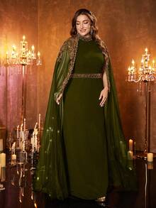 UNITHORSE Plus 女士立领超长袖针织拼接网纱奢华装饰长款晚礼服，正式厚重晚礼服，适合颁奖典礼、晚宴和其他正式场合，如派对、婚礼等。 - 橄欖綠 - 查看 6