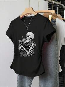 Summer New Minimalist Fashion Design Cartoon Skull Hugging Cat Print Casual Round Neck Short Sleeve Fitted Waist Versatile Women Top - Black - View 8