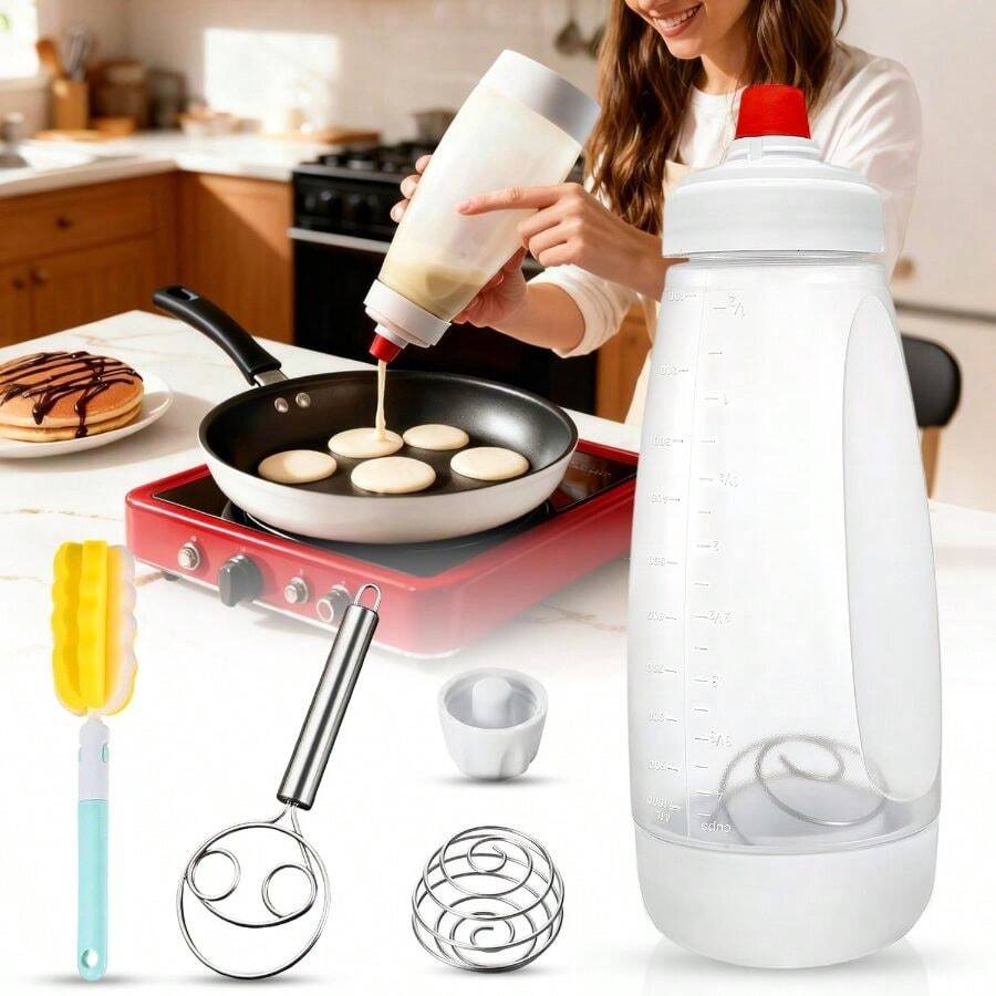 Pancake Batter Dispenser Bottle Kit - 4.5 - Cup Pancakes Mixer With Shaker Ball Stainless Steel Whisk And Brush, Squeeze Bottles Cupcake Muffin Waffle Crepe - 紅白色 - 查看 1