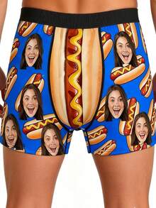 1 pièce Caleçon boxeur personnalisé pour homme avec imprimé visage et hot-dog drôle. Sous-vêtements personnalisés avec photo, cadeau humoristique pour petit ami. - Bleu azur - Voir 5