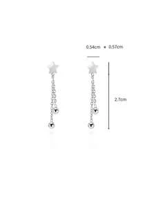 1对S925纯银极简长流苏耳环，女士精致星形短款垂坠耳环，配圆形珠子，礼品 - 星星 - 查看 10