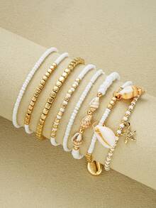 Bộ 8 chiếc vòng chân kiểu Bohemian họa tiết vỏ sò giả, sao biển và hạt cườm, thích hợp làm quà tặng cho nữ nhân dịp hẹn hò, du lịch, đi làm, kỷ niệm hoặc ngày lễ. - Nhiều màu - Xem 2