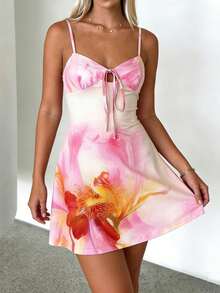 Abito mini in maglia con stampa floreale romantica ed elegante, con corpetto con lacci, adatto per la primavera/estate - Multicolore - Visualizzare 11