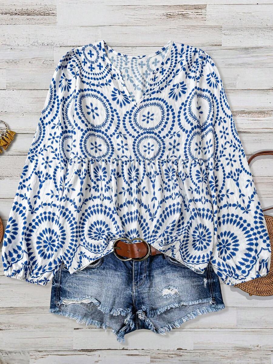 Áo kiểu nữ cỡ lớn, thoải mái, in họa tiết nút tre, tay dài, phối nhiều mảnh, thích hợp cho mùa xuân. - xanh và trắng - Xem 1