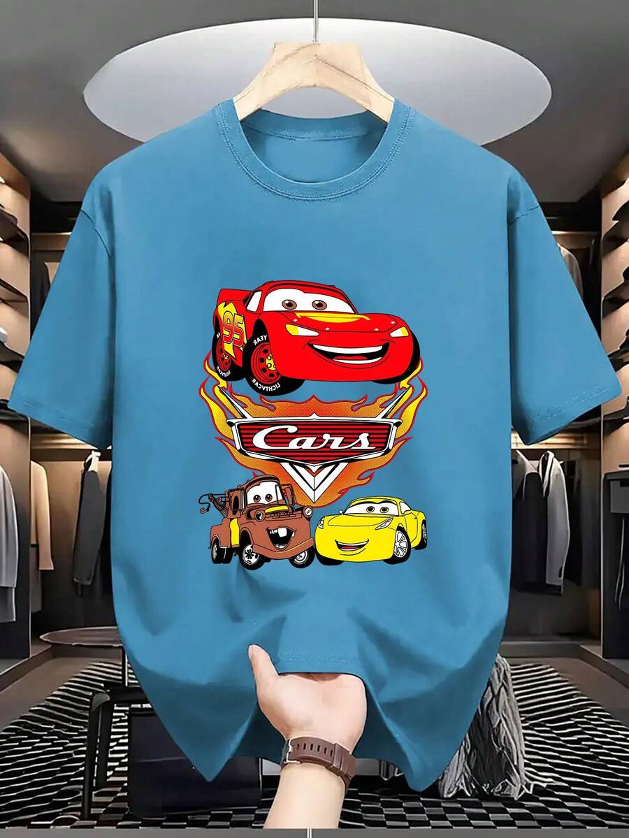 Men's Officially Licensed  Cars Movie T-Shirt - , Mater & Sally Print, Favorite Cars Characters, Casual Summer Tee For & Fans, Comfortable Round Neck (Iconic Racing) - Màu xanh hoàng gia - Xem 1