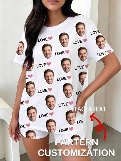 2pcs Customized Women's Pajama Set - Ideal For Spring, Includes Personalized Sleepwear With Custom Graphic Design. Offers Customization Service Based On Provided Images (E.G. Portraits Of People, Pets), Also Suitable As A Gift. Features Vibrant, Cute And Lively Patterned Designs, An Ideal Gift For Couples And Families.