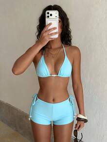 PEPPERMOLLY 2026春夏优雅性感纯色两件式泳衣，珍珠装饰复古短裤，适合海滩、泳池和运动，时尚比基尼度假装 - 淺藍色 - 查看 6