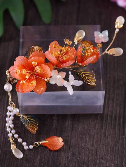 1pc Retro Chinese Style Hanfu Hairpin, Orange Glazed Tassel Hair Accessory, Handmade Ancient Costume Decor Hair Clip
