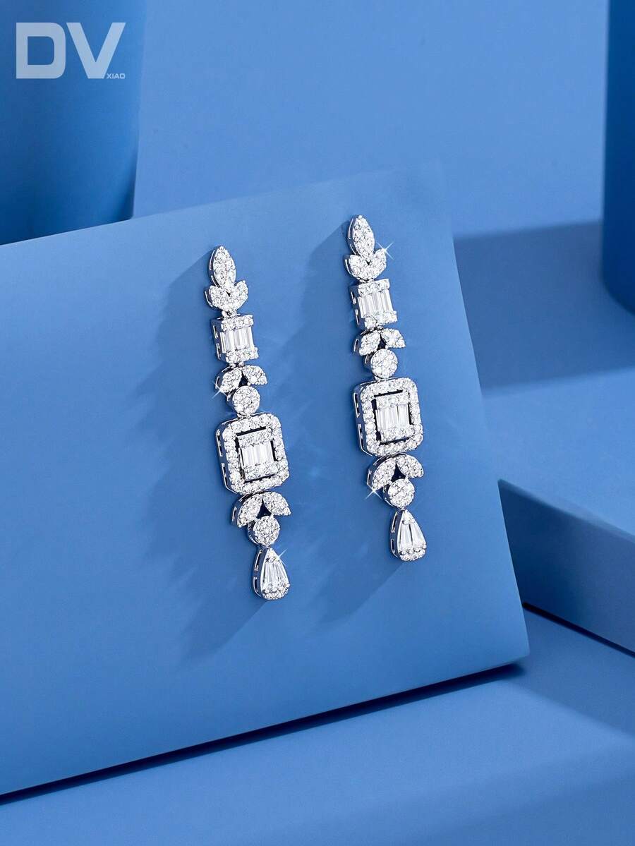 DV JEWELRY 1 Đôi bông tai mặt dây chuyền mạ vàng trắng đính đá Cubic Zirconia cao cấp, món quà trang sức thanh lịch dành cho phái nữ, thích hợp cho hẹn hò, đám cưới, tiệc tùng, kỷ niệm, kèm hộp quà.