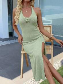 HoloChill Women's Solid Color 3D Floral Slit Sexy Elegant High-End Elegant Fitted Straight Midi Spaghetti Strap Dress, Resort Style Summer Casual 2026 New Arrival - Mint Green - View 2